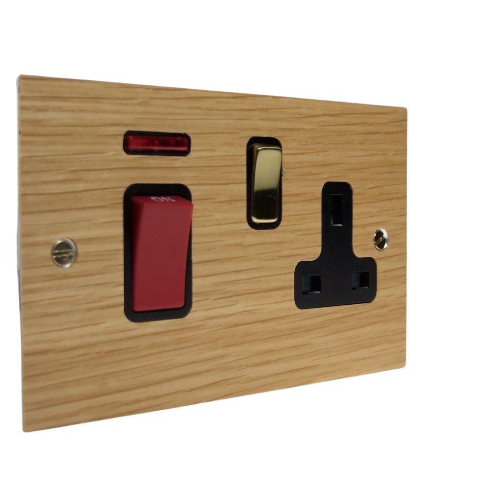 Oak Veneer Double Pole Cooker Switch with Single Switched Socket Polished Brass and Black