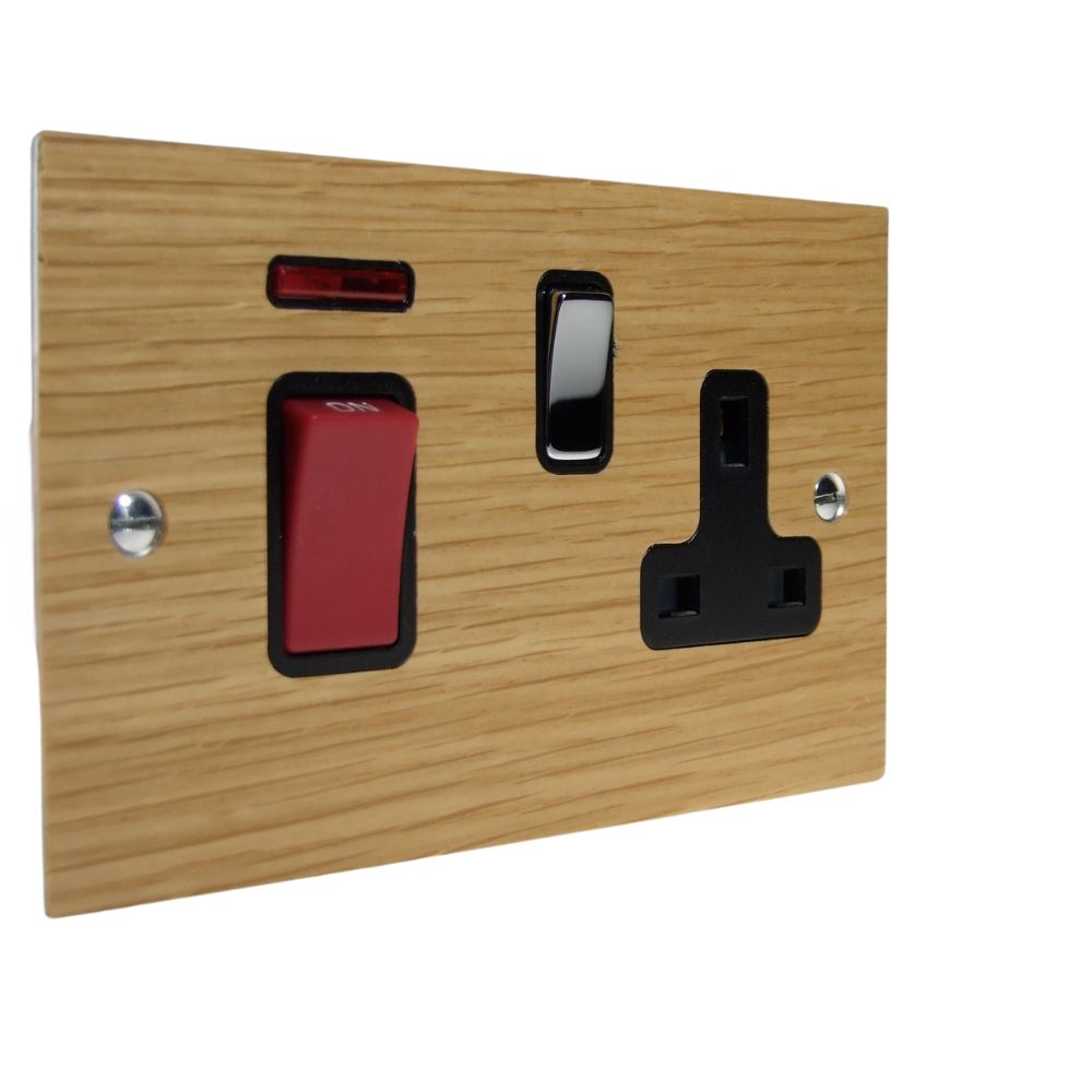 Oak Veneer Double Pole Cooker Switch with Single Switched Socket Polished Chrome and Black