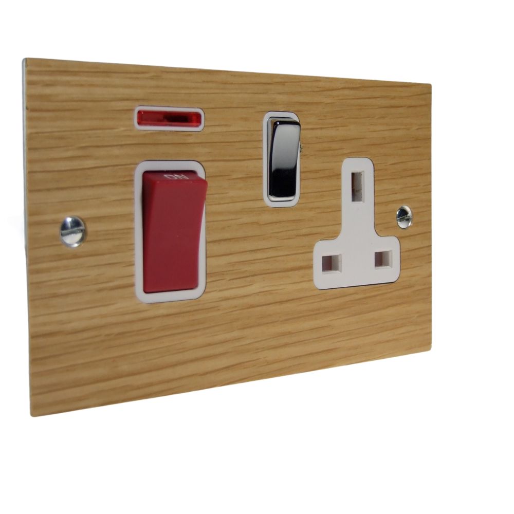 Oak Veneer Double Pole Cooker Switch with Single Switched Socket Polished Chrome and White