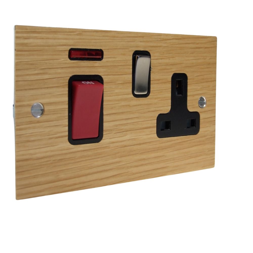 Oak Veneer Double Pole Cooker Switch with Single Switched Socket Satin Stainless and Black