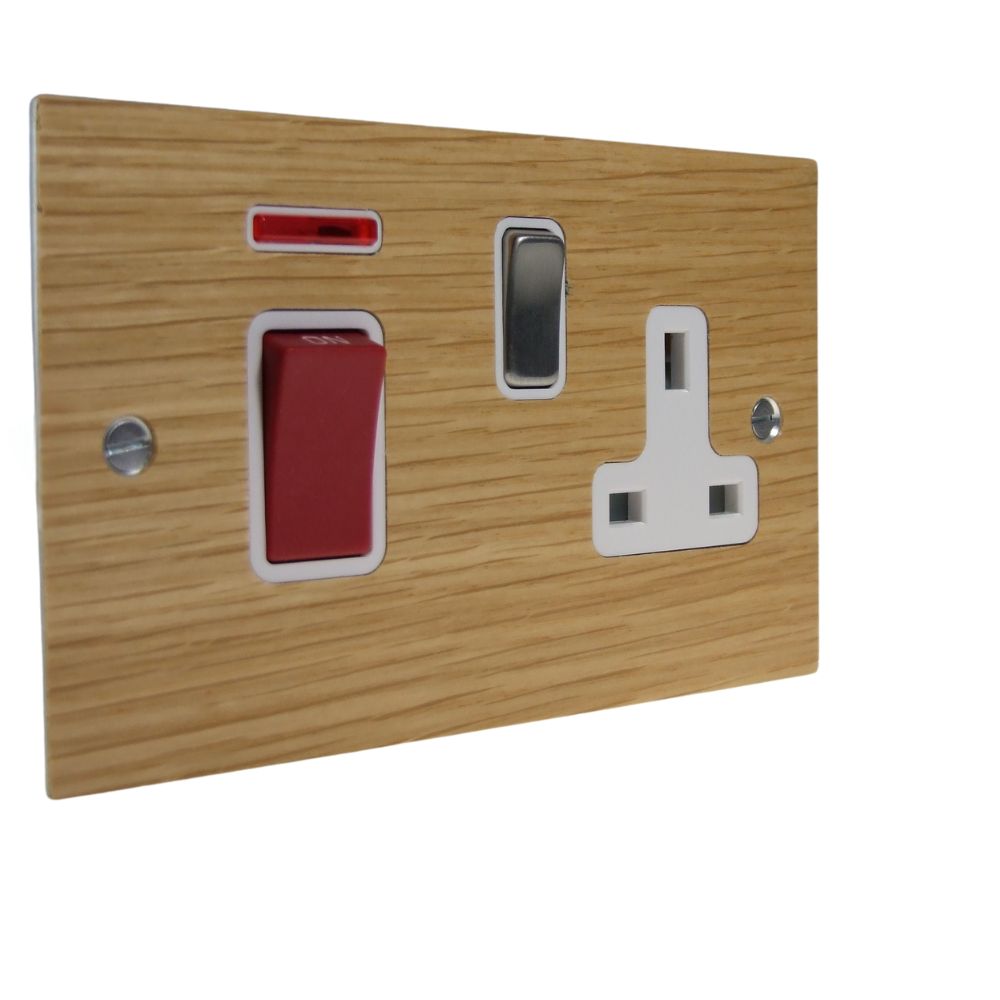 Oak Veneer Double Pole Cooker Switch with Single Switched Socket Satin Stainless and White