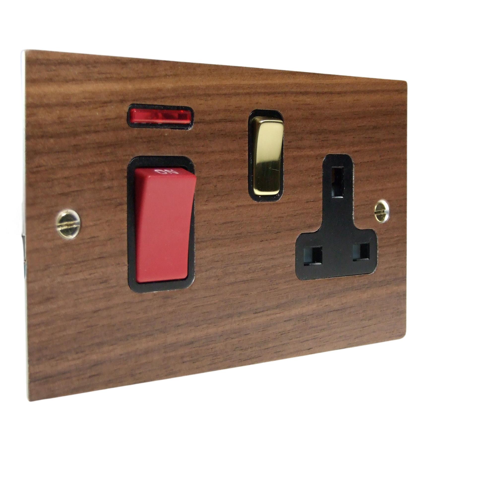 Walnut Veneer Double Pole Cooker Switch with Single Switched Socket Polished Brass and Black