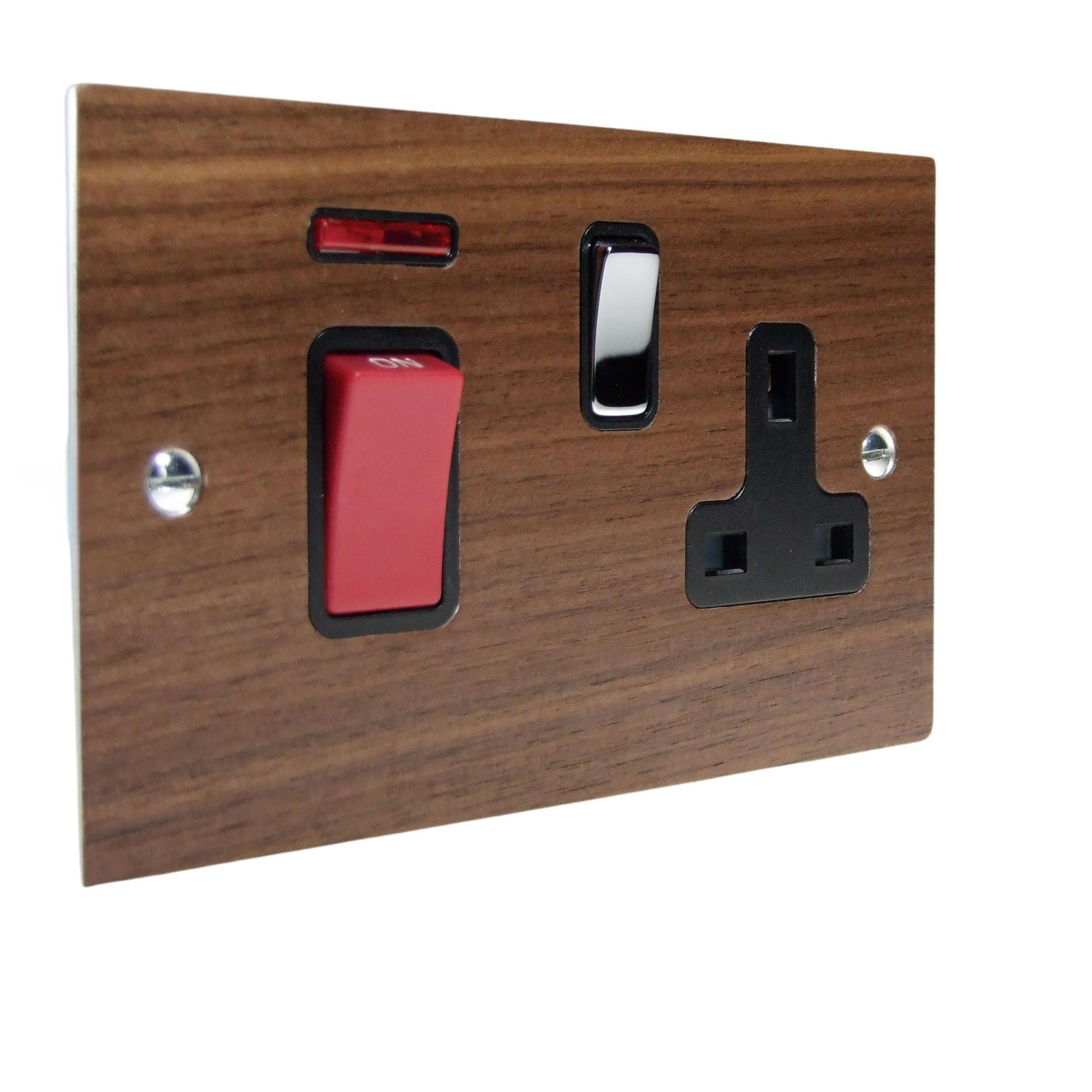 Walnut Veneer Double Pole Cooker Switch with Single Switched Socket Polished Chrome and Black