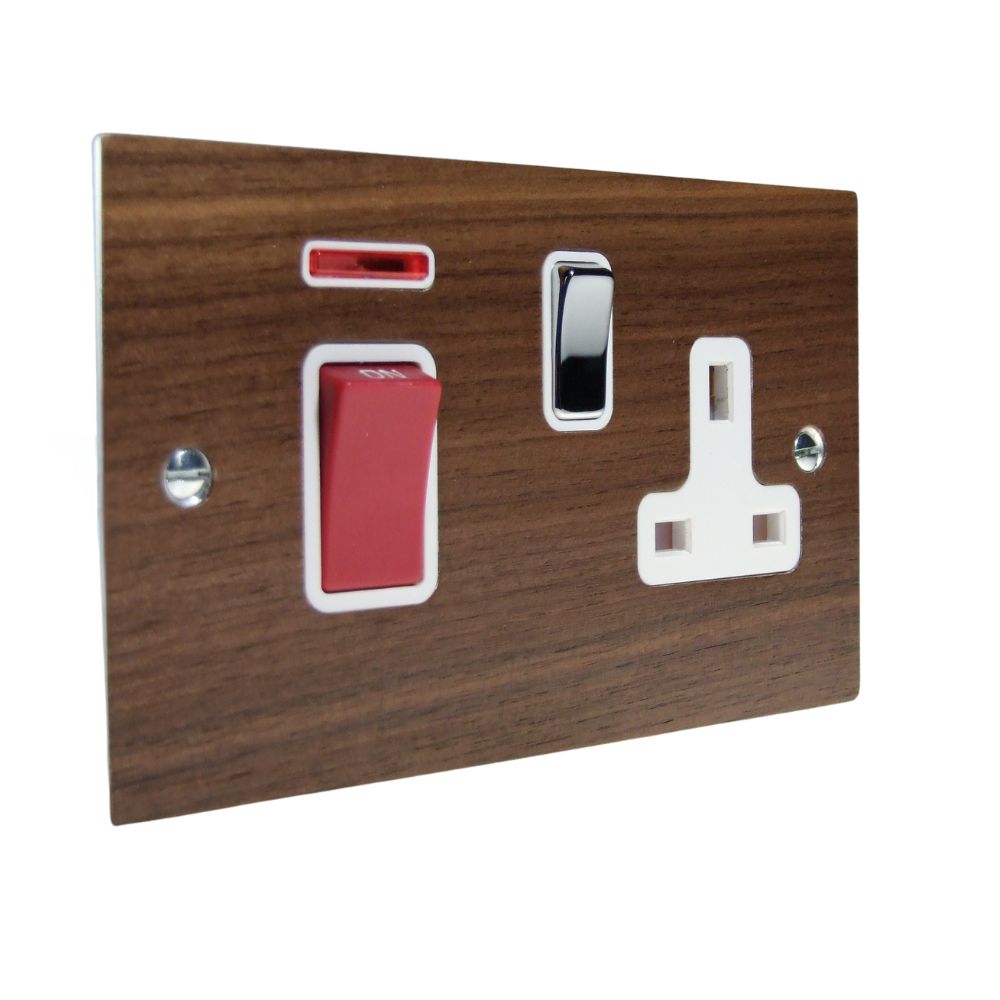 Walnut Veneer Double Pole Cooker Switch with Single Switched Socket Polished Chrome and White