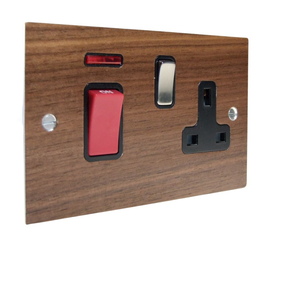 Walnut Veneer Double Pole Cooker Switch with Single Switched Socket Satin Stainless and Black