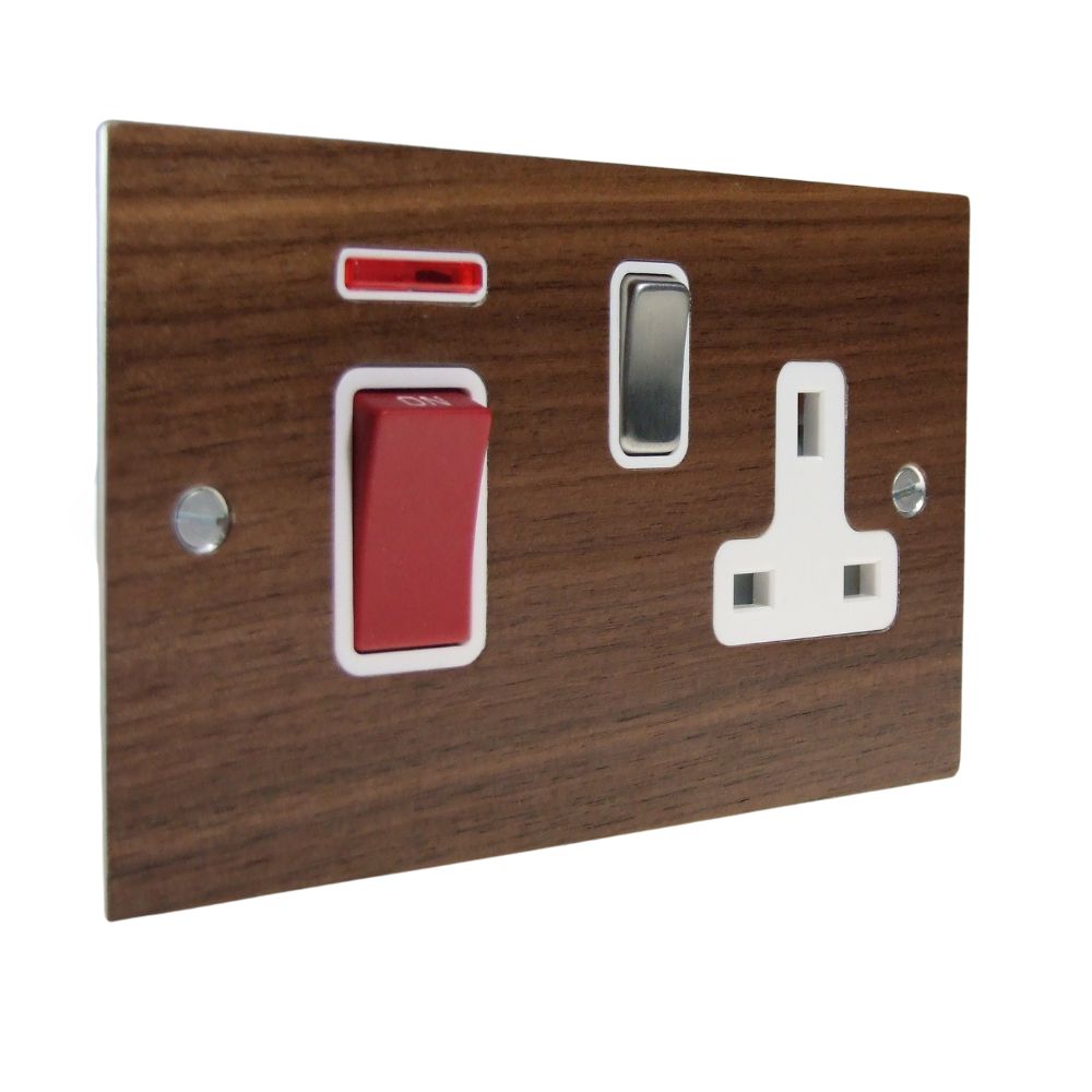 Walnut Veneer Double Pole Cooker Switch with Single Switched Socket Satin Stainless and White