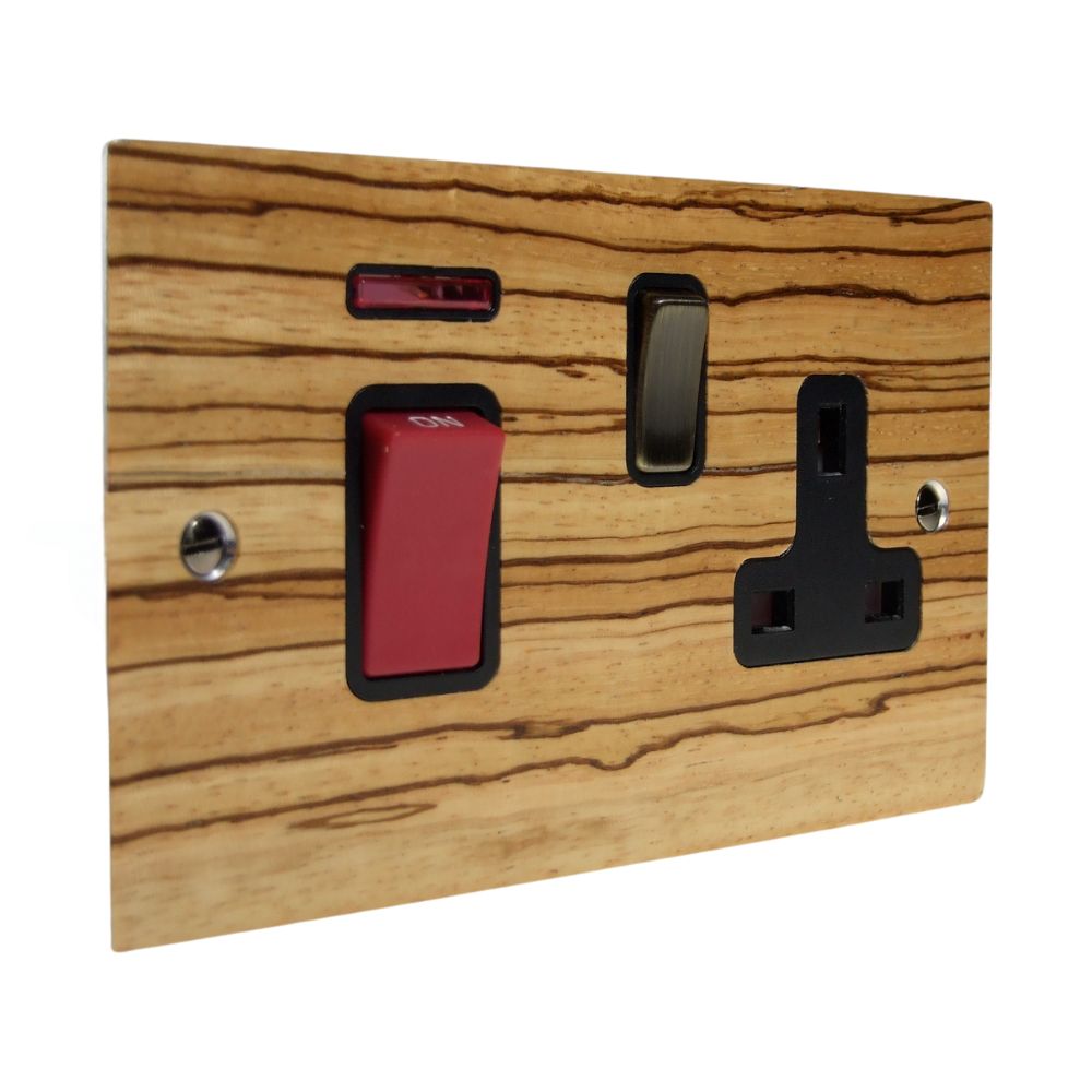 Zebranno Veneer Double Pole Cooker Switch with Single Switched Socket Antique Brass and Black