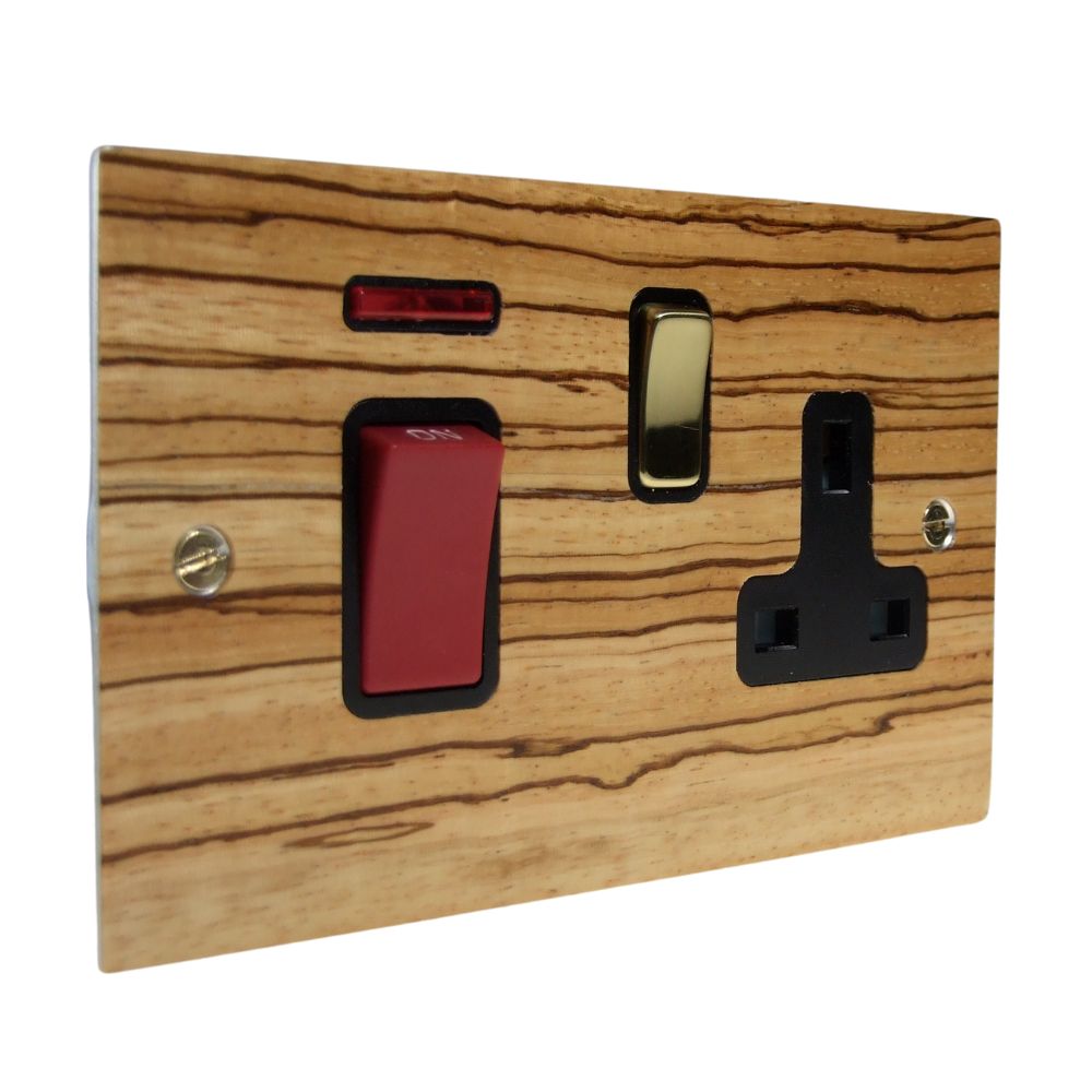 Zebranno Veneer Double Pole Cooker Switch with Single Switched Socket Polished Brass and Black