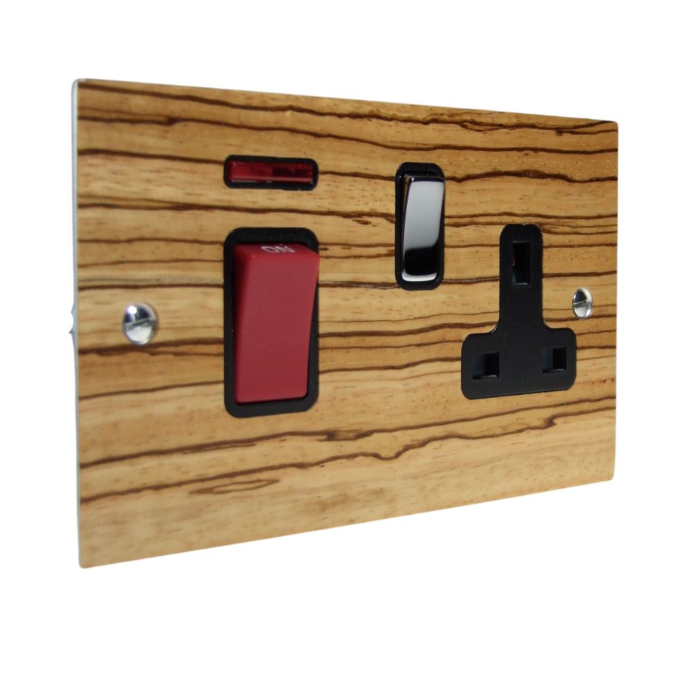 Zebranno Veneer Double Pole Cooker Switch with Single Switched Socket Polished Chrome and Black