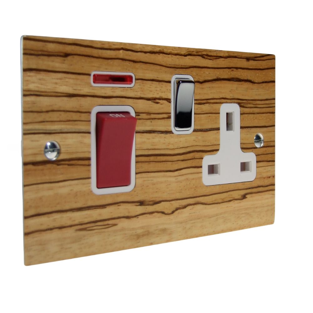 Zebranno Veneer Double Pole Cooker Switch with Single Switched Socket Polished Chrome and White