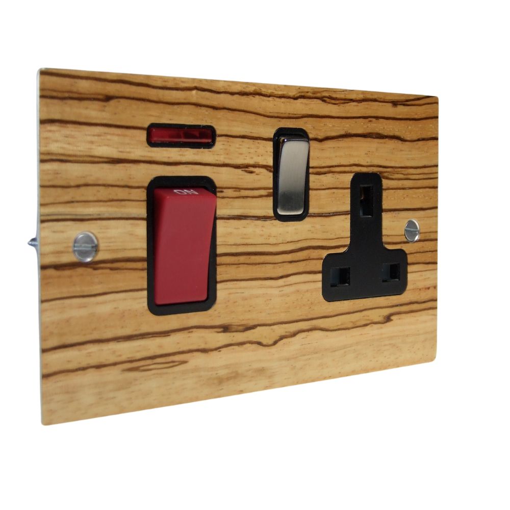 Zebranno Veneer Double Pole Cooker Switch with Single Switched Socket Satin Stainless and Black