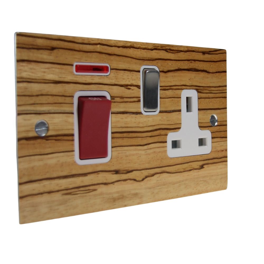 Zebranno Veneer Double Pole Cooker Switch with Single Switched Socket Satin Stainless and White