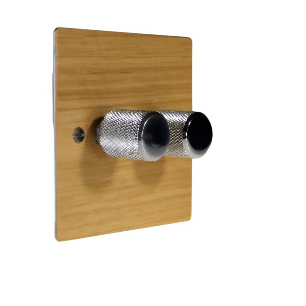 Oak Veneer Double 250W Dimmer Light Switch Retro Chrome Caps