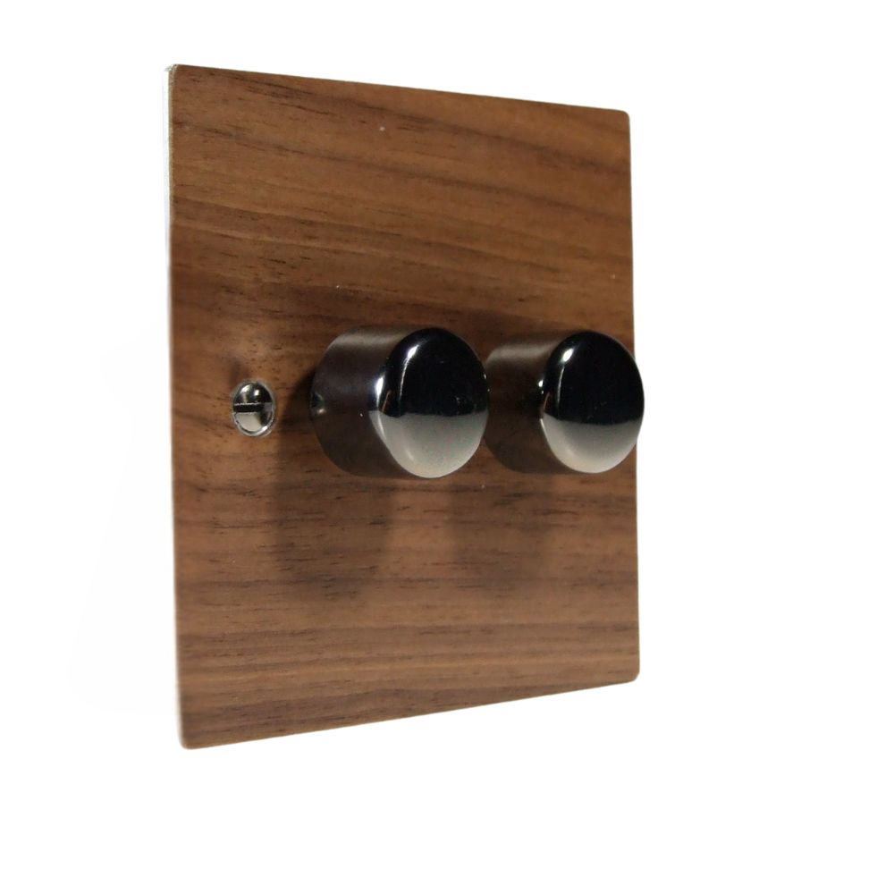 Walnut Veneer Double 250W Dimmer Light Switch Black Nickel Caps