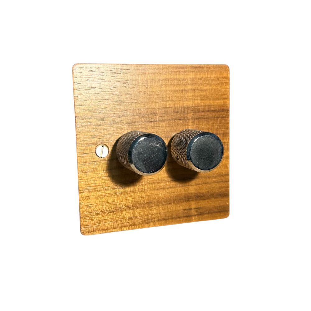 Walnut Veneer Double 250W Dimmer Light Switch Retro Chrome Caps