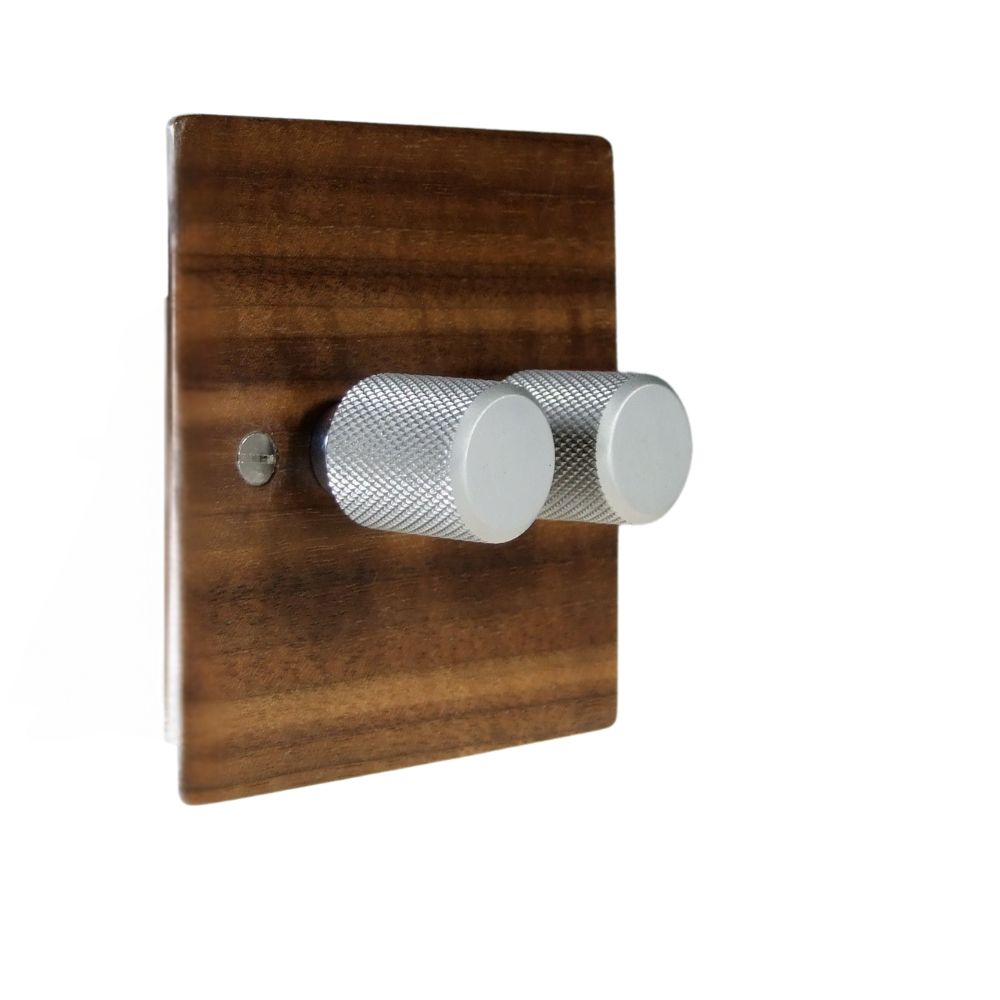 Walnut Veneer Double 250W Dimmer Light Switch Retro Satin Caps
