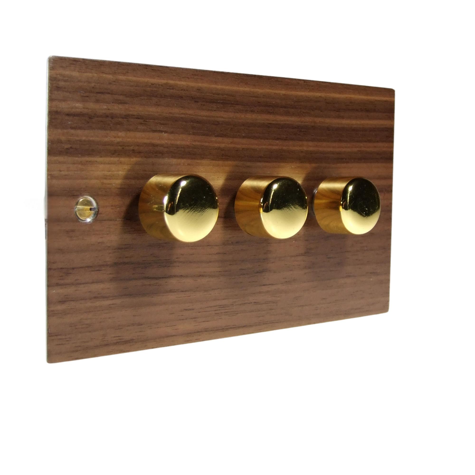 Walnut Veneer Triple 250W Dimmer Light Switch Polished Brass Caps