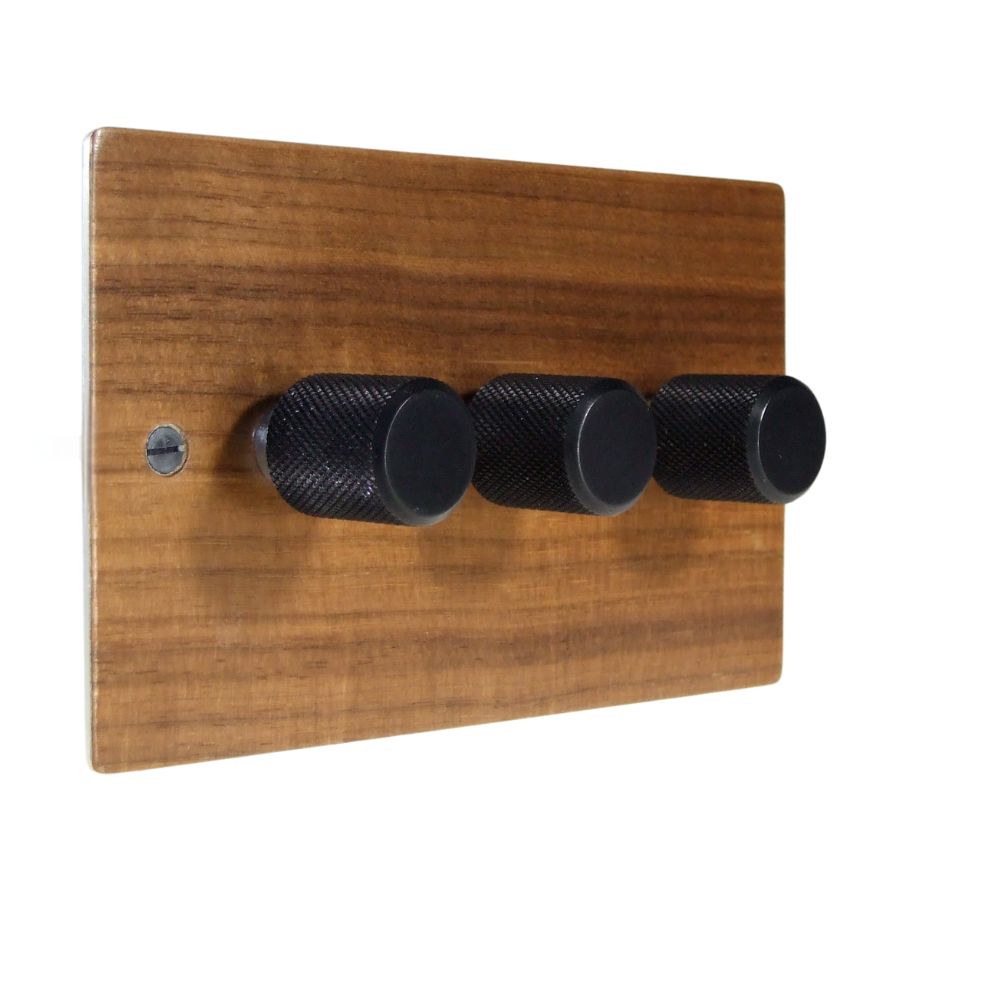 Walnut Veneer Triple 250W Dimmer Light Switch Retro Black Caps