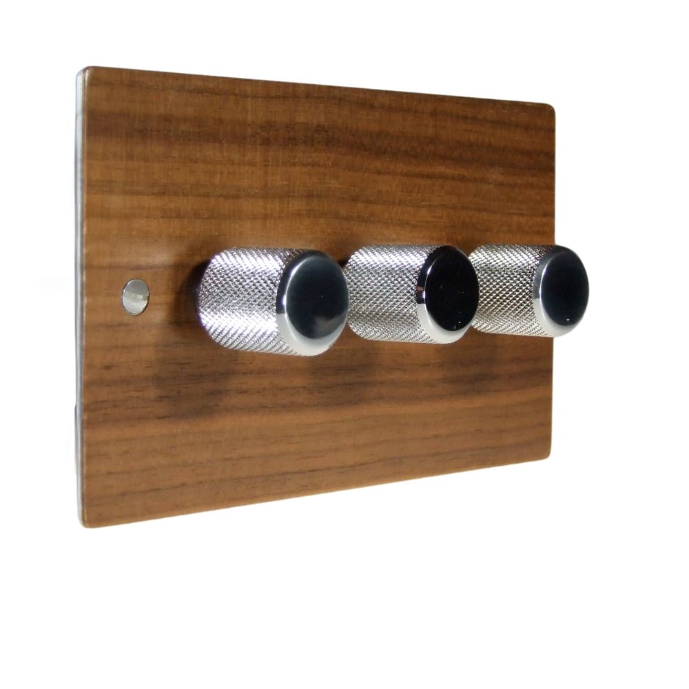 Walnut Veneer Triple 250W Dimmer Light Switch Retro Chrome Caps