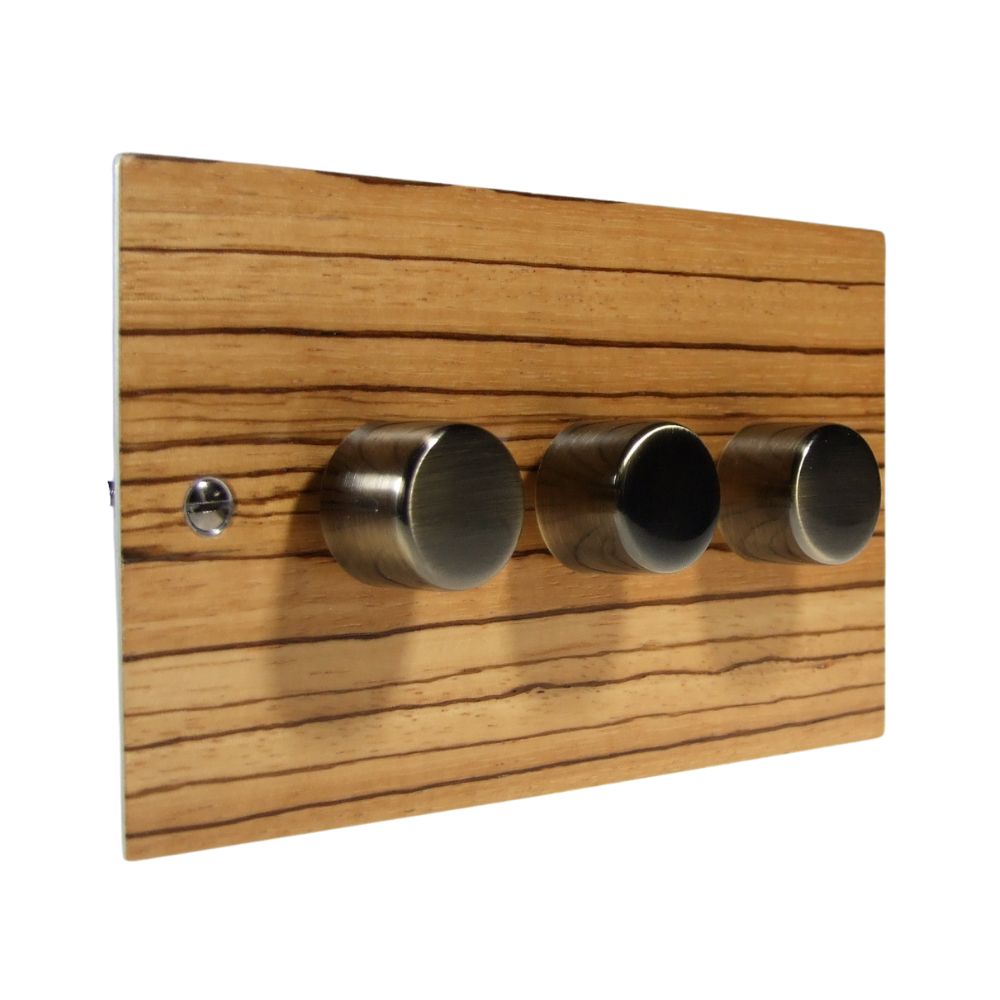 Zebranno Veneer Triple LED Dimmer Light Switch Antique Brass Caps