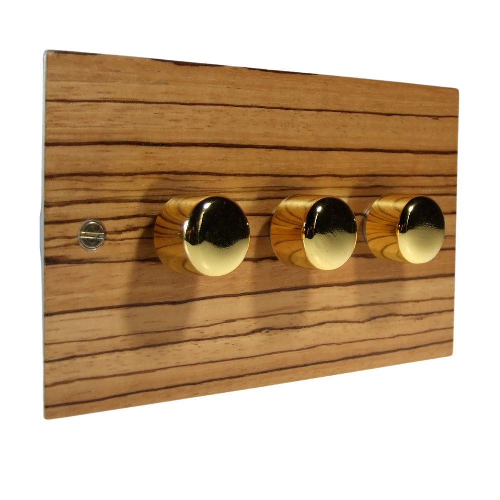 Zebranno Veneer Triple 250W Dimmer Light Switch Polished Brass Caps