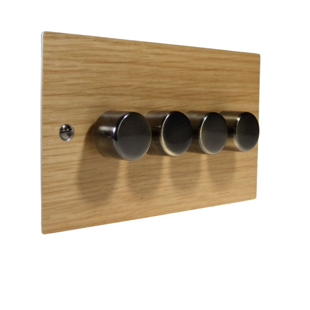 Oak Veneer 4 250W Dimmer Light Switch Antique Brass Caps