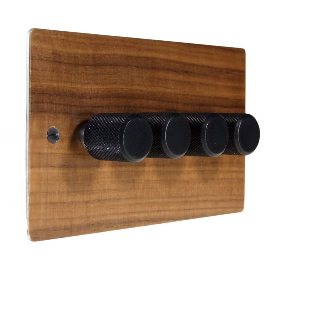 Walnut Veneer 4 250W Dimmer Light Switch Retro Black Caps