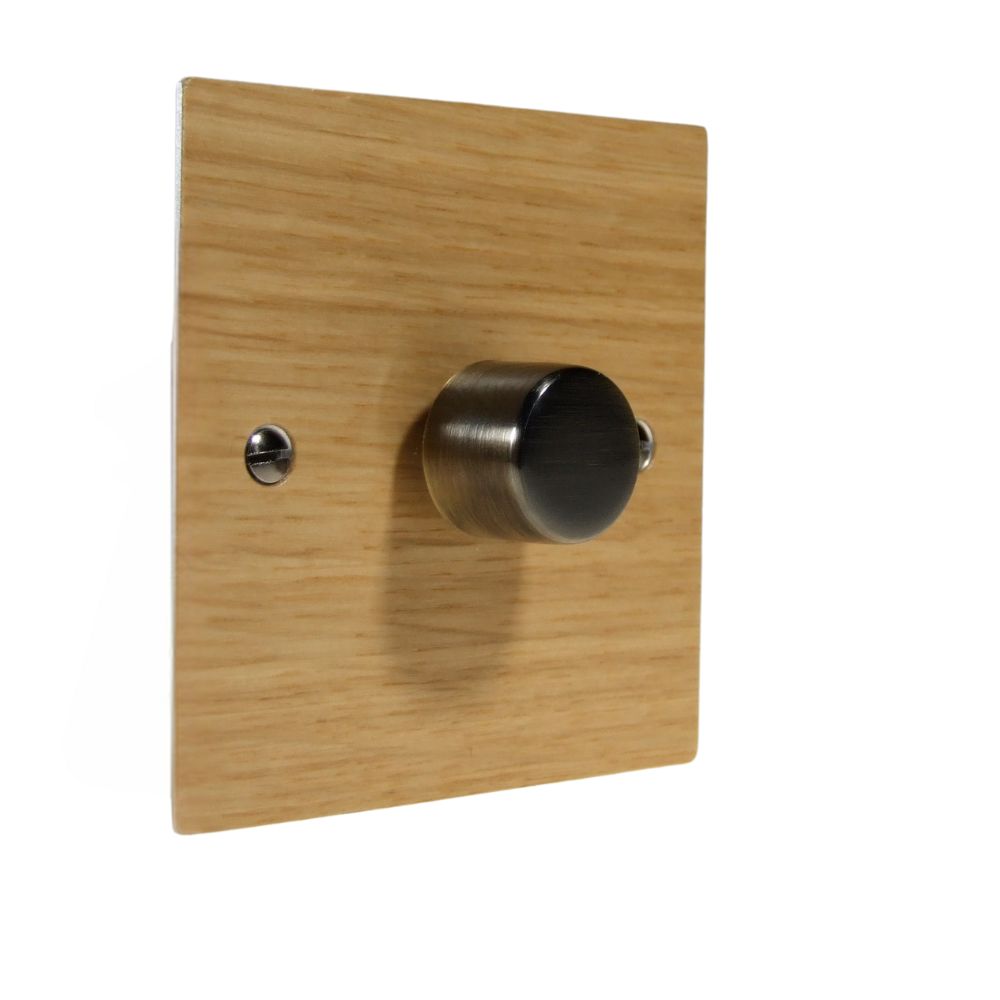 Oak Veneer Single 400W Dimmer Light Switch Antique Brass Caps