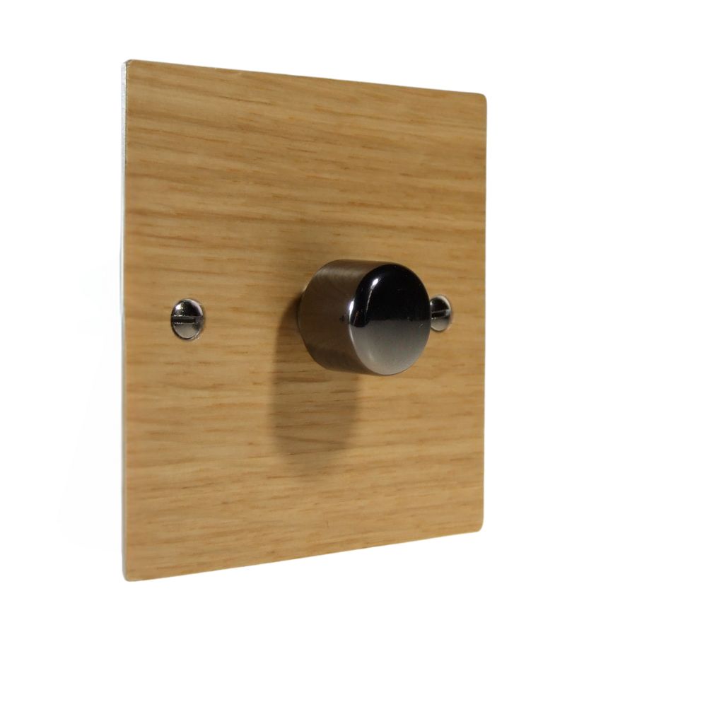Oak Veneer Single 400W Dimmer Light Switch Black Nickel Caps