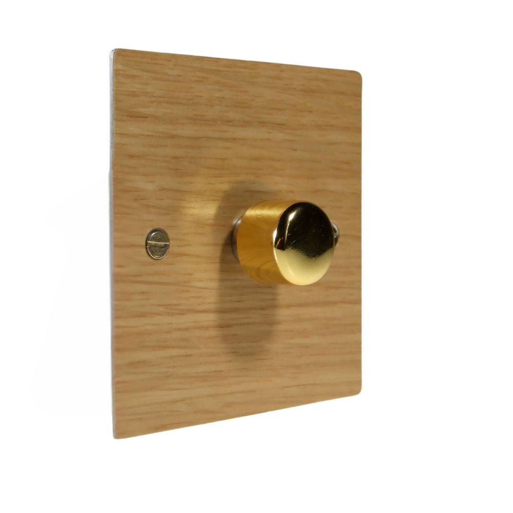 Oak Veneer Single Fan Control Dimmer Polished Brass Caps