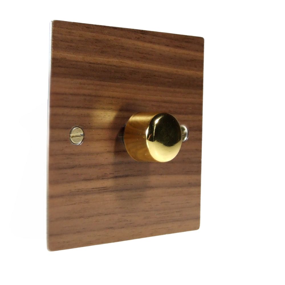 Walnut Veneer Single 400W Dimmer Light Switch on Twin Plate Polished Brass Caps