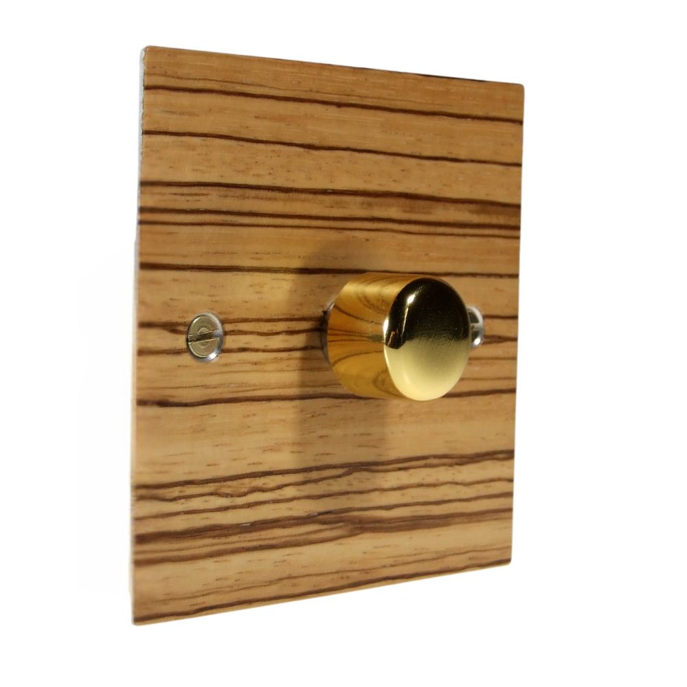 Zebranno Veneer Single 400W Dimmer Light Switch on Twin Plate Polished Brass Caps