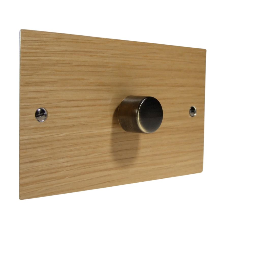 Oak Veneer Single 400W Dimmer Light Switch on Twin Plate Antique Brass Caps