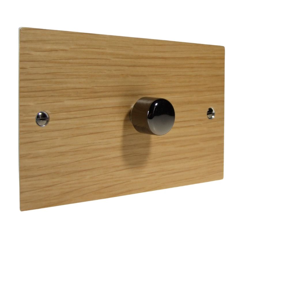 Oak Veneer Single 400W Dimmer Light Switch on Twin Plate Black Nickel Caps