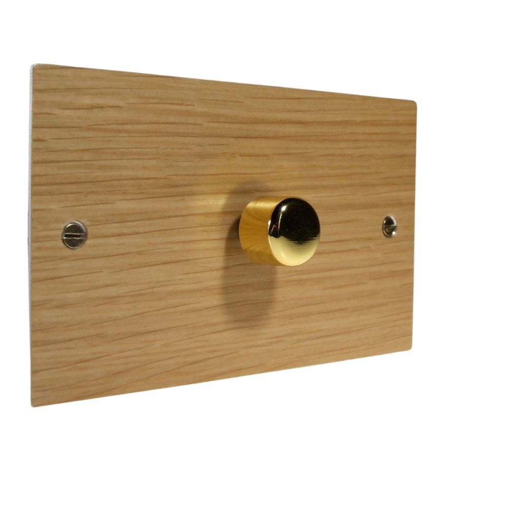 Oak Veneer Single 400W Dimmer Light Switch on Twin Plate Polished Brass Caps