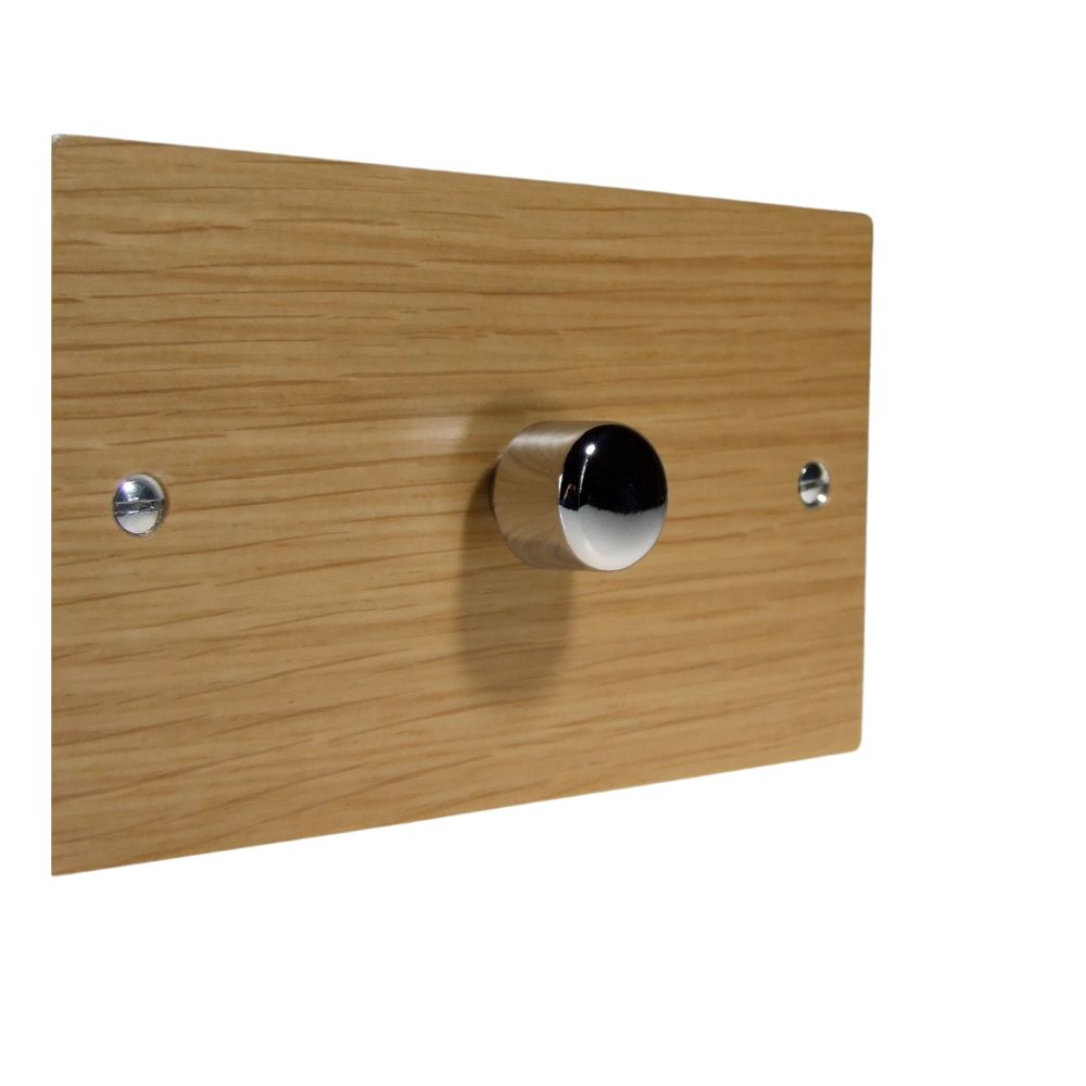 Oak Veneer Single 400W Dimmer Light Switch on Twin Plate Polished Chrome Caps