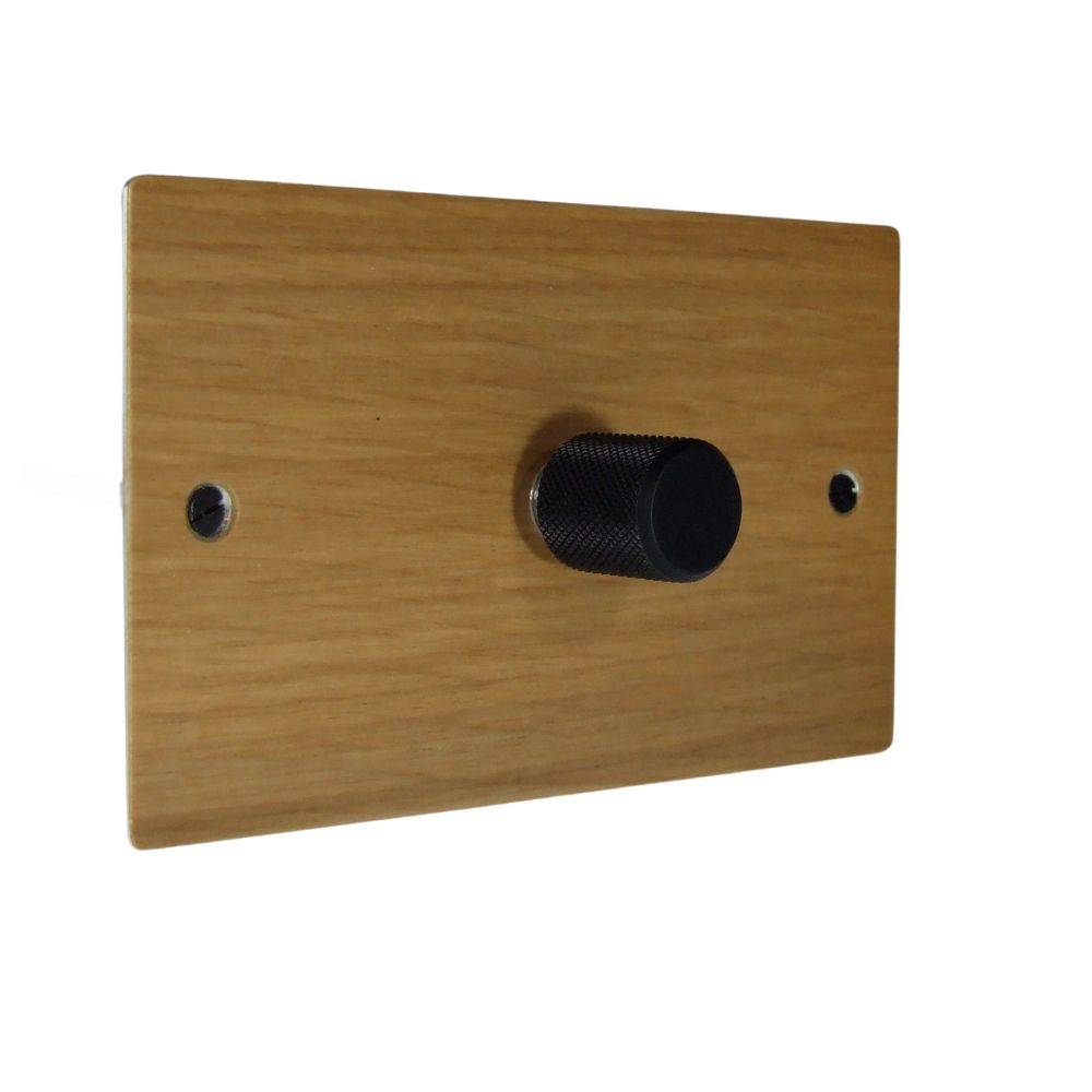 Oak Veneer Single 400W Dimmer Light Switch on Twin Plate Retro Black Caps