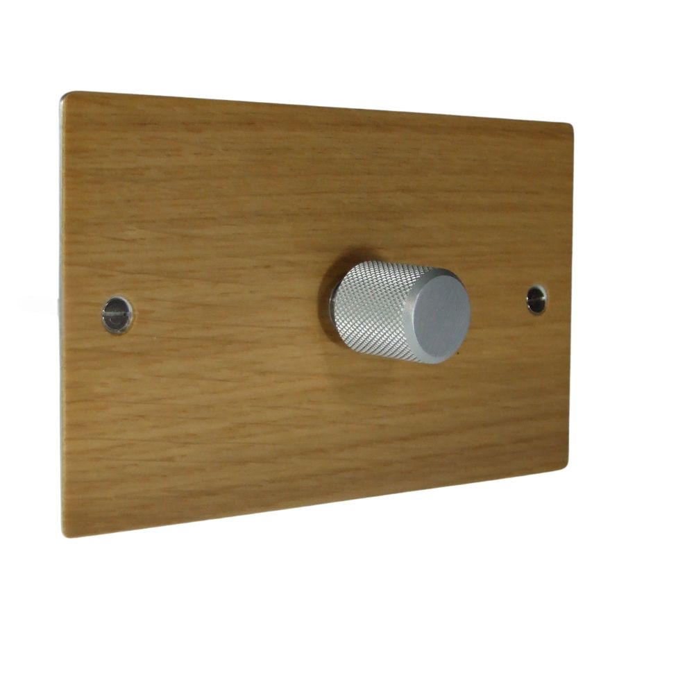 Oak Veneer Single 400W Dimmer Light Switch on Twin Plate Retro Stainless Caps
