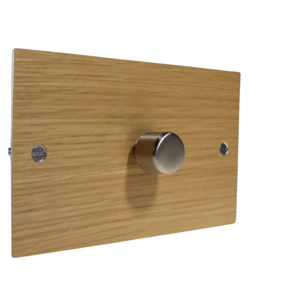 Oak Veneer Single 400W Dimmer Light Switch on Twin Plate Satin Stainless Caps