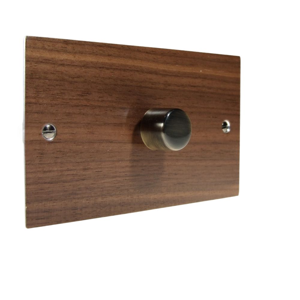 Walnut Veneer Single 400W Dimmer Light Switch Antique Brass Caps