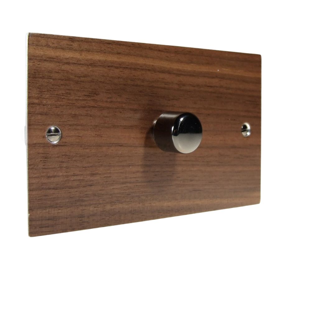 Walnut Veneer Single 400W Dimmer Light Switch Black Nickel Caps