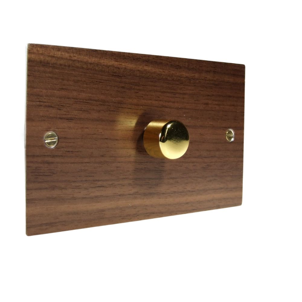 Walnut Veneer Single 400W Dimmer Light Switch Polished Brass Caps