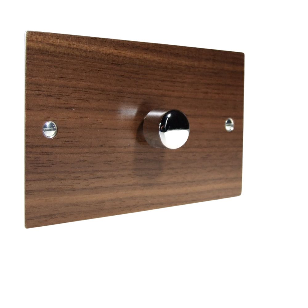 Walnut Veneer Single 400W Dimmer Light Switch Polished Chrome Caps