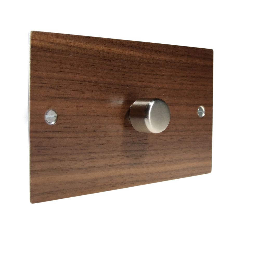 Walnut Veneer Single 400W Dimmer Light Switch Satin Stainless Caps