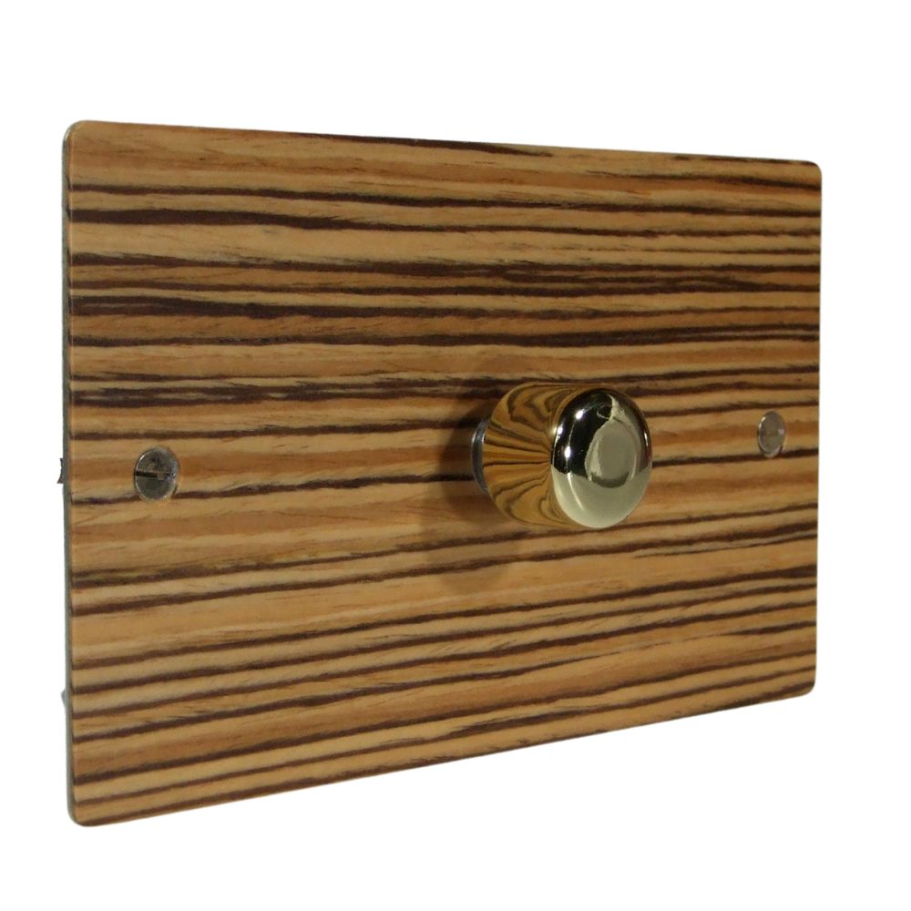 Zebranno Veneer Single 400W Dimmer Light Switch Polished Brass Caps