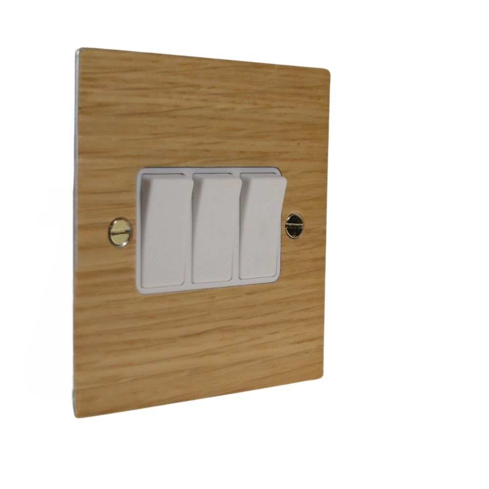 Oak Veneer Triple Light Switch White