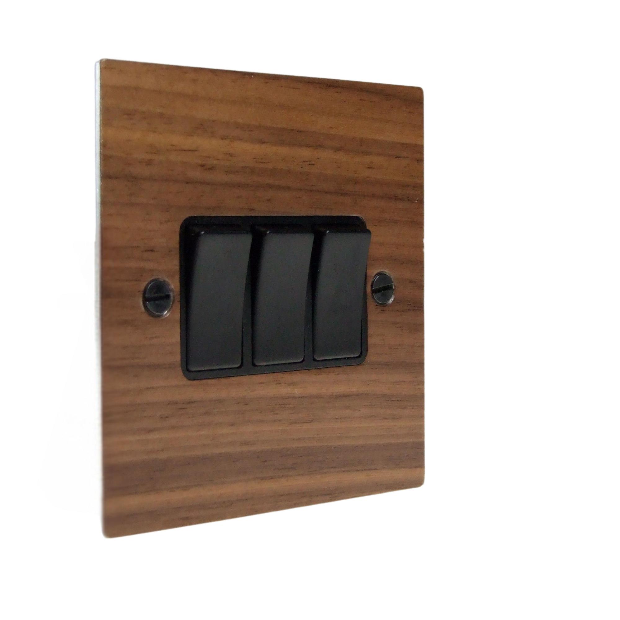 Walnut Veneer Triple Light Switch Black