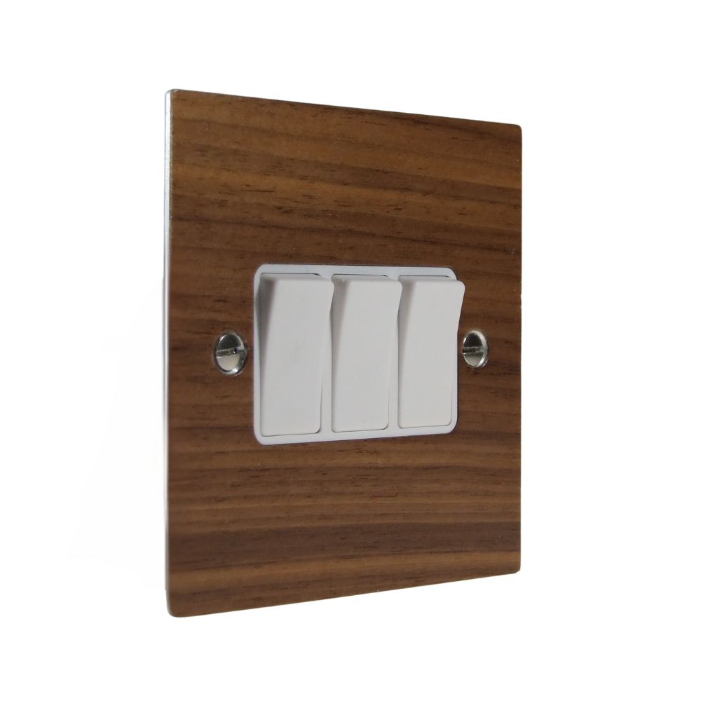 Walnut Veneer Triple Light Switch White