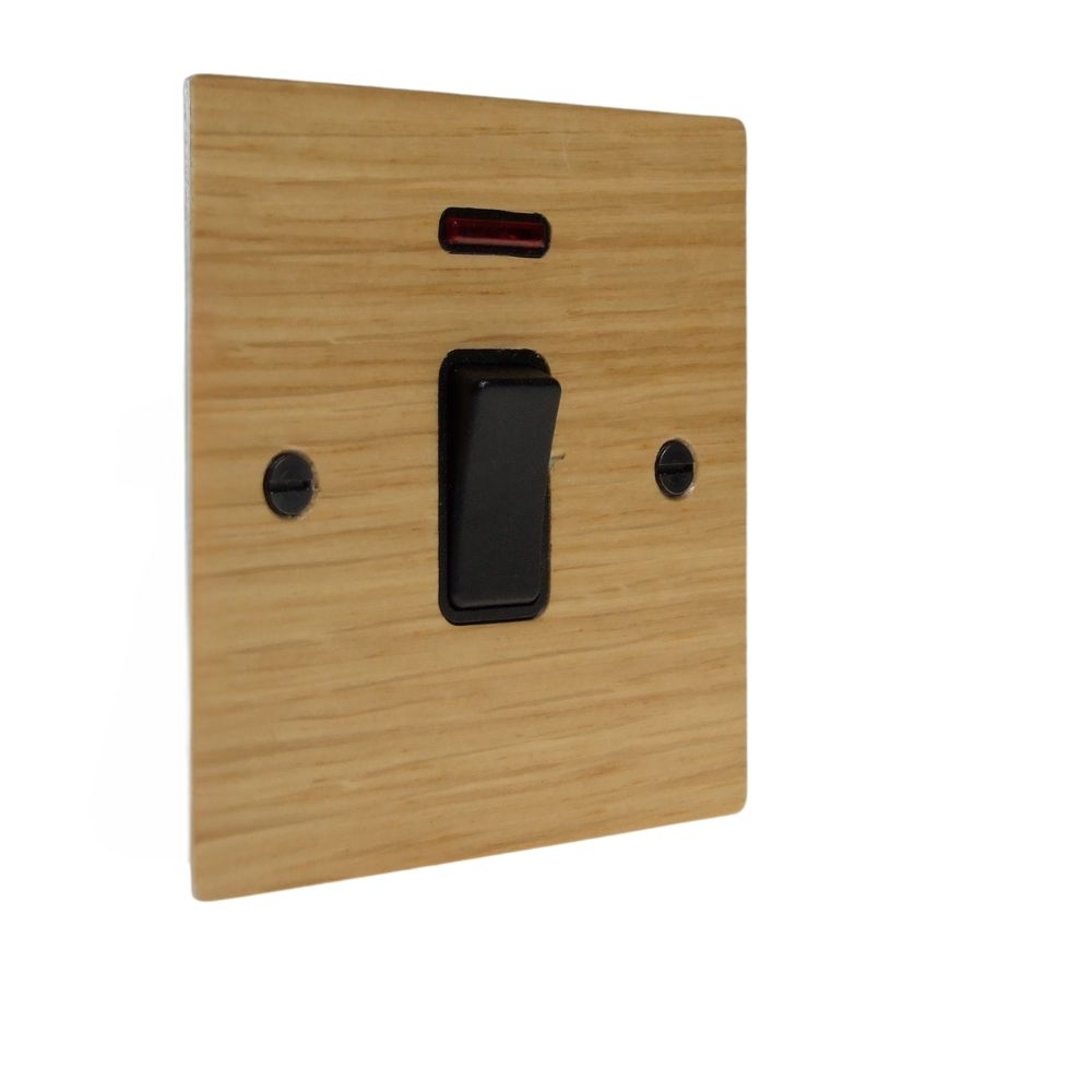 Oak Veneer Double Pole Switch Black with Neon
