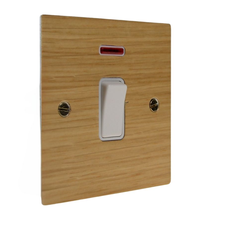 Oak Veneer Double Pole Switch White With Neon